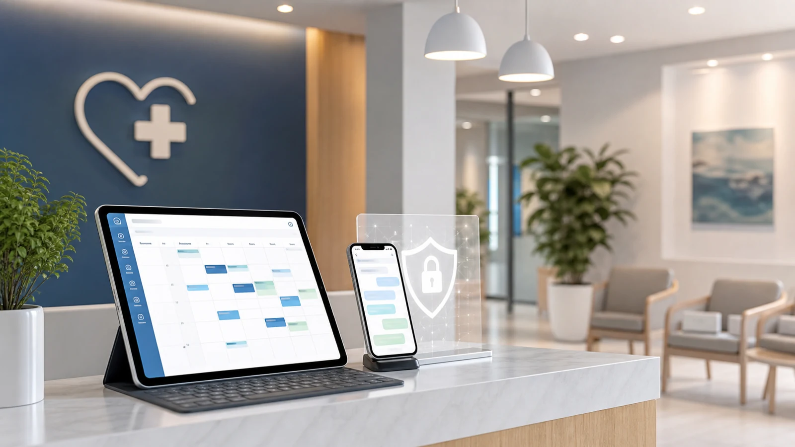 Recepción de clínica moderna con agenda digital, mensajería automatizada y privacidad de datos sanitarios