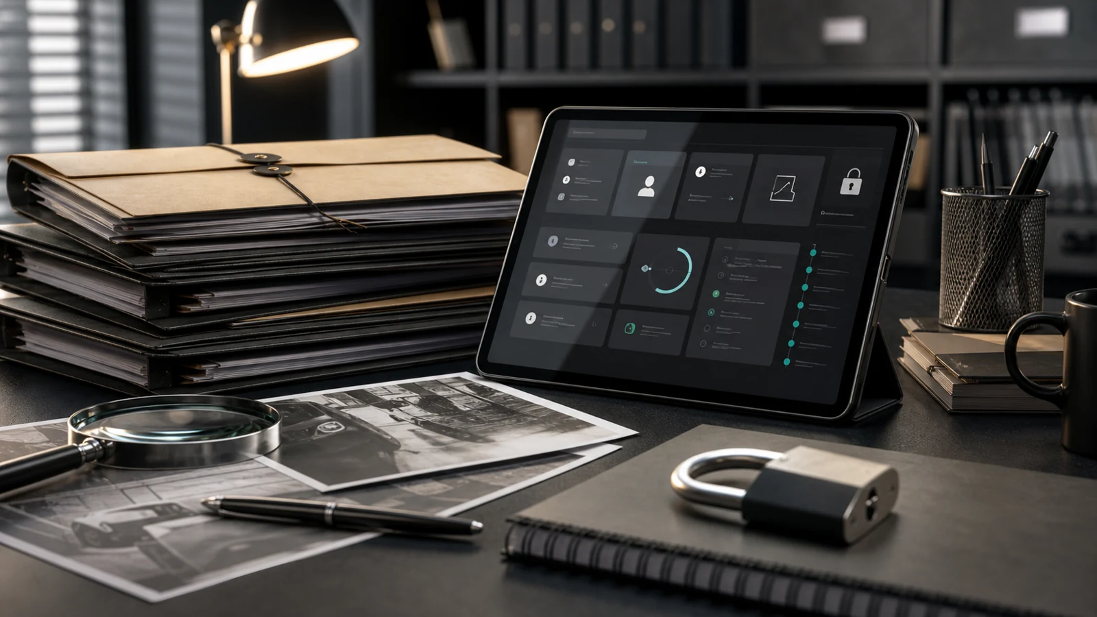 Mesa de trabajo profesional con expedientes, tablet y elementos de seguridad documental para un despacho de detectives digitalizado